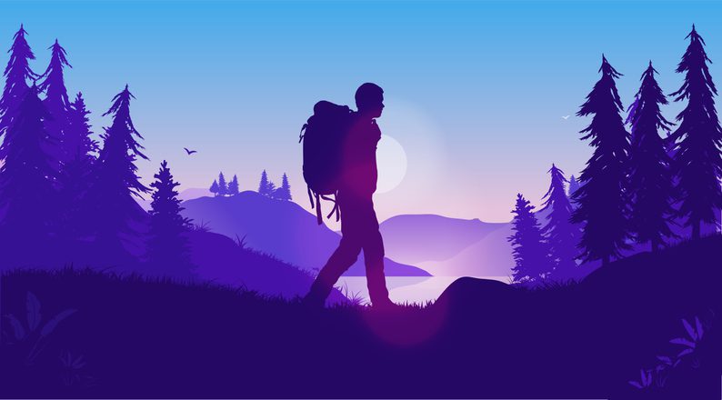 Hiking trip alone - Man walking with backpack in beautiful landscape with sun, trees, and hills